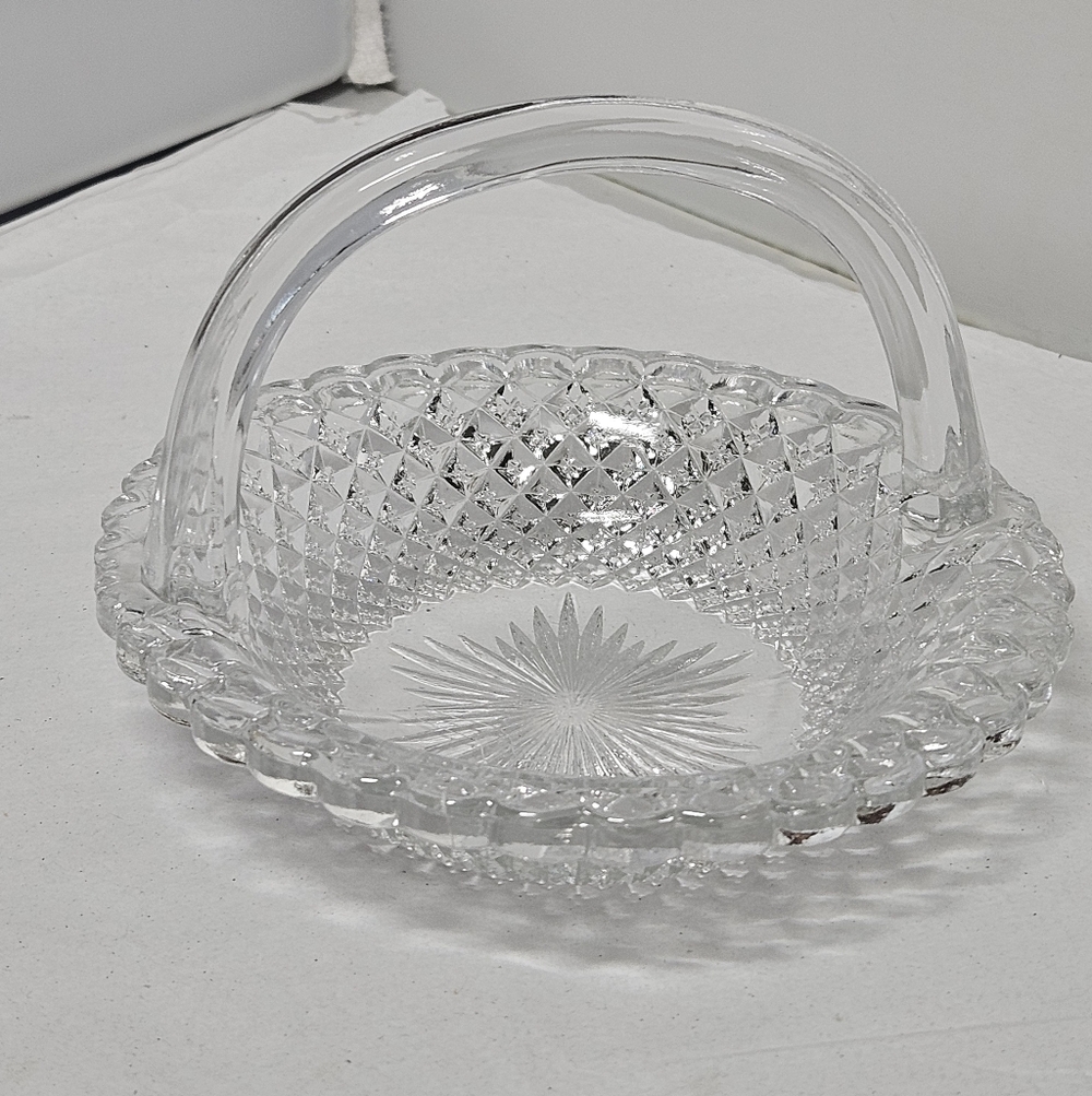 Vintage Westmoreland Round Crystal Glass Handled Basket English Hobnail Pattern